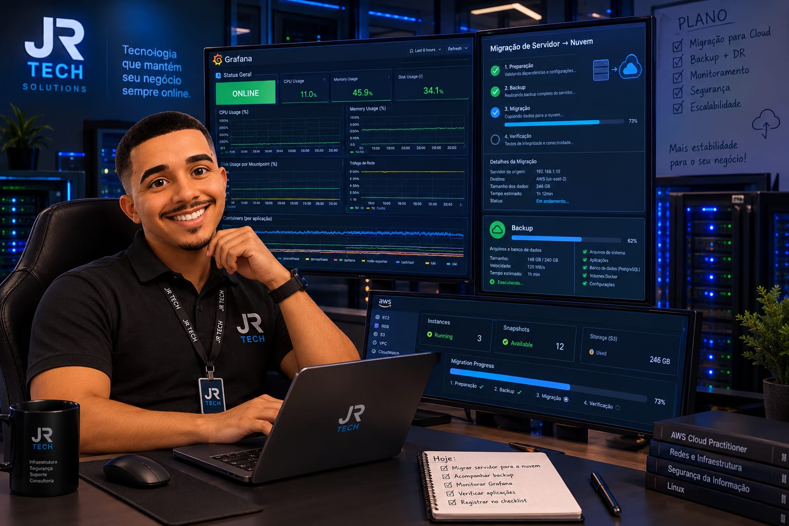 Especialista JR acompanhando migração de servidor para nuvem, com painéis de monitoramento Grafana