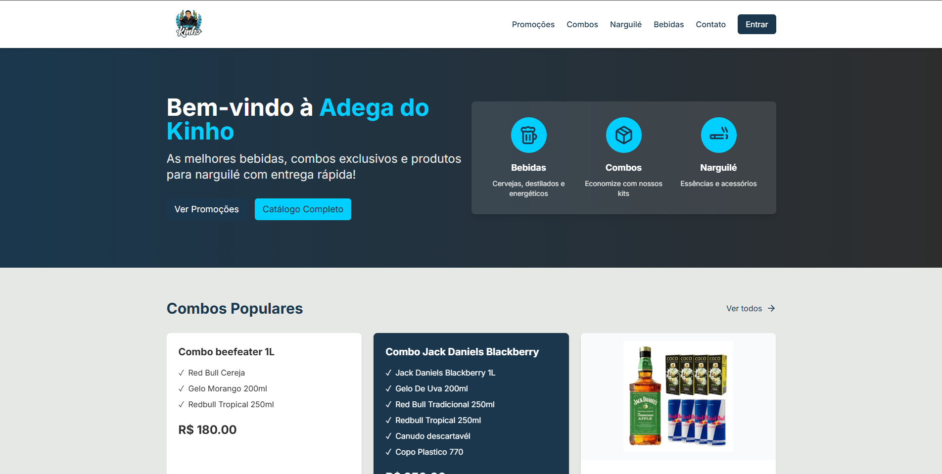 Captura da página inicial do e-commerce Adega do Kinho