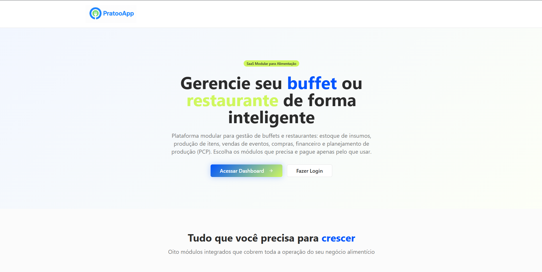 Captura da página pública de apresentação do Pratoo